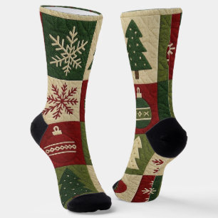 Vintage, patchwork quilted look rustic Christmas Socks