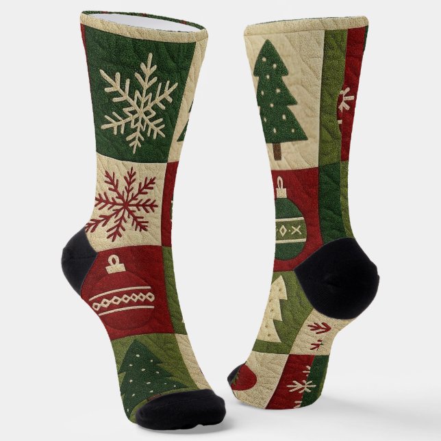 Vintage, patchwork quilted look rustic Christmas Socks (Angled)