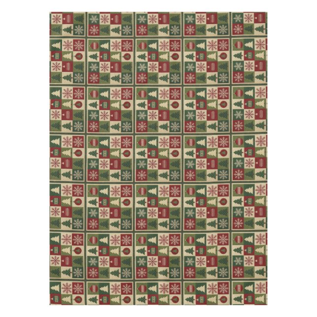 Vintage, patchwork quilted look rustic Christmas Tablecloth (Front)