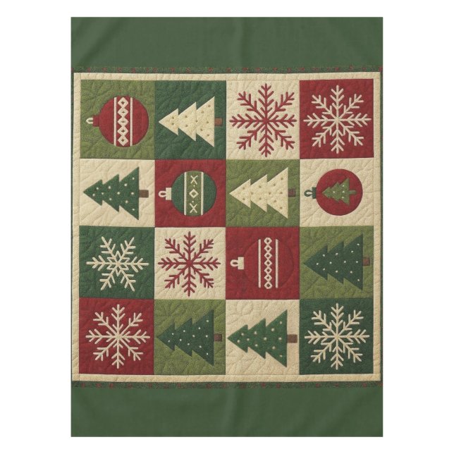 Vintage, patchwork quilted look rustic Christmas Tablecloth (Front)
