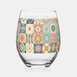Vintage, patchwork quilted look stemless wine glass
