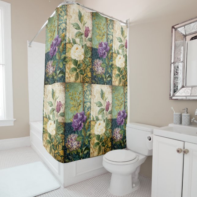 Vintage Patchwork Style Shower Curtain (In Situ)