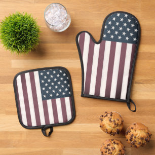 Vintage Patriotic American flag custom Oven Mitt & Pot Holder Set