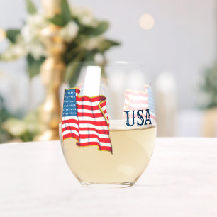 Vintage Patriotic American Flag, Fourth of July Stemless Wine Glass