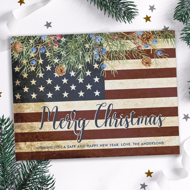 Vintage Patriotic American Flag Merry Christmas Holiday Postcard (Creator Uploaded)