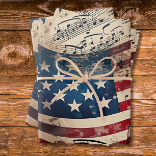Vintage Patriotic American Flag Music Note Wrapping Paper Sheet