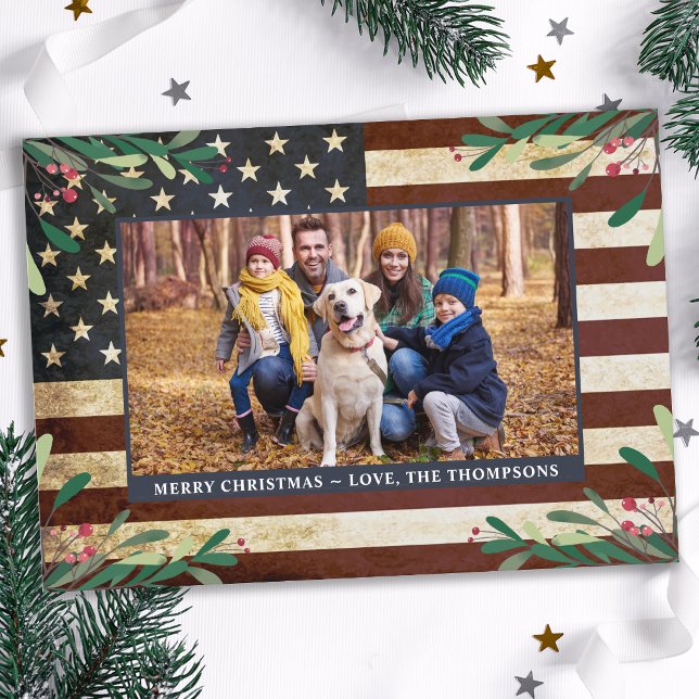 Vintage Patriotic American Flag Photo Christmas Holiday Card (Creator Uploaded)