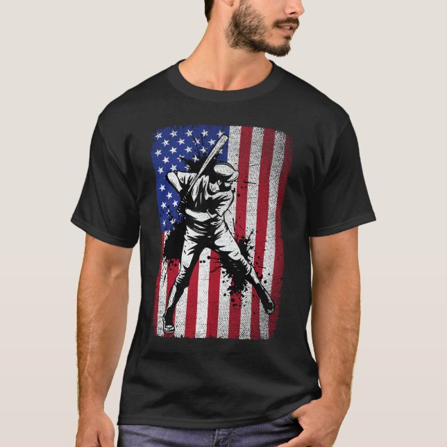 Vintage Patriotic Baseball Lovers American Flag  T-Shirt (Front)