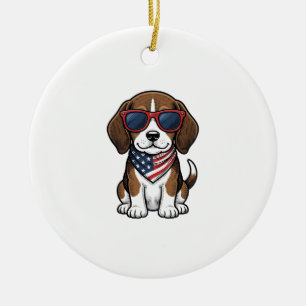 Vintage Patriotic Beagle Puppy Sunglasses Shirt_1 Ceramic Tree Decoration