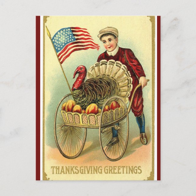Vintage Patriotic Boy Wheeling Turkey and Flag Postcard (Front)