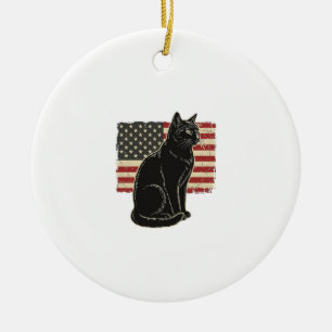 Vintage Patriotic Cat Flag Graphic T-Shirt Design_ Ceramic Tree Decoration