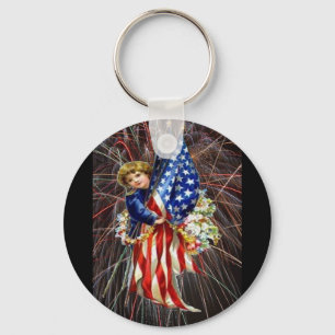 Vintage Patriotic Child and Fireworks Key Ring