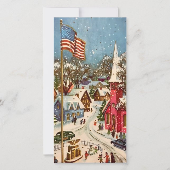 Vintage Patriotic Christmas Town Holiday Card (Front)