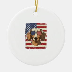 Vintage Patriotic Dachshund Flag Sunglasses Vector Ceramic Tree Decoration