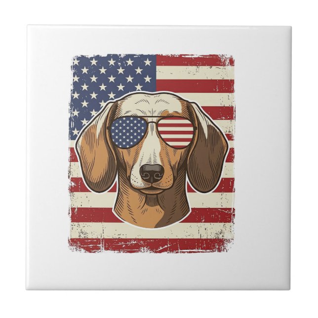 Vintage Patriotic Dachshund Flag Sunglasses Vector Tile (Front)