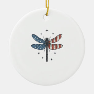 Vintage Patriotic Dragonfly Vector Shirt Design_1 Ceramic Tree Decoration