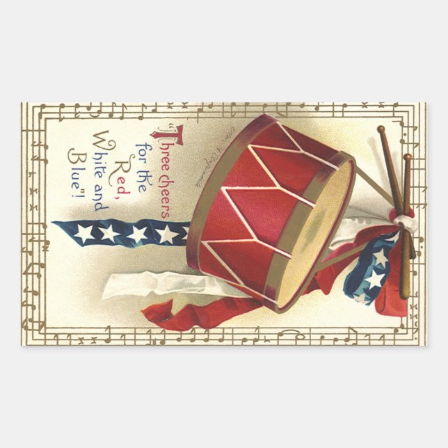 Vintage Patriotic, Drums with Musical Notes Rectangular Sticker (Front)