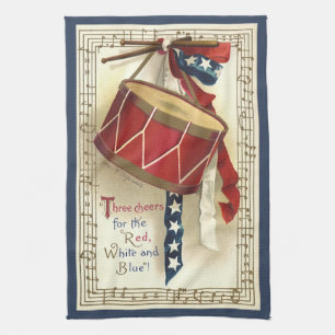 Vintage Patriotic, Drums with Musical Notes Tea Towel