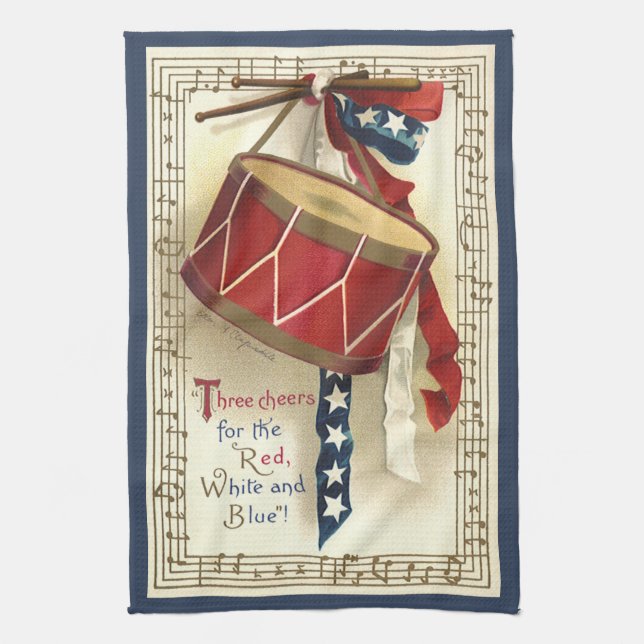 Vintage Patriotic, Drums with Musical Notes Tea Towel (Vertical)