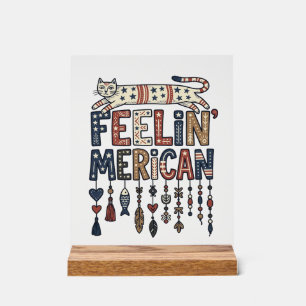 Vintage Patriotic Folk Cat American T-Shirt Design Acrylic Sign