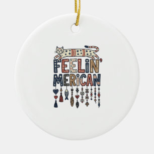 Vintage Patriotic Folk Cat American T-Shirt Design Ceramic Tree Decoration