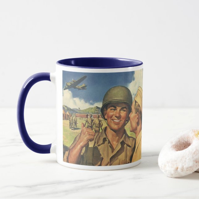 Vintage Patriotic Heroes, Military Aeroplane Men Mug (With Donut)