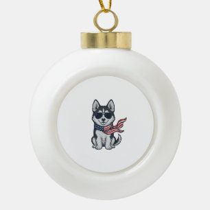 Vintage Patriotic Husky Puppy Vector Design_1 Ceramic Ball Christmas Ornament