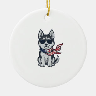 Vintage Patriotic Husky Puppy Vector Design_1 Ceramic Tree Decoration