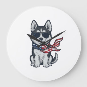 Vintage Patriotic Husky Puppy Vector Design_1 Large Clock