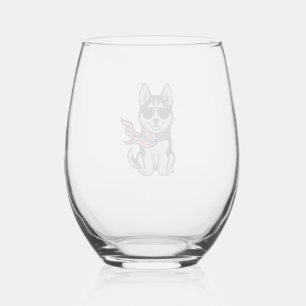 Vintage Patriotic Husky Puppy Vector Design_1 Stemless Wine Glass