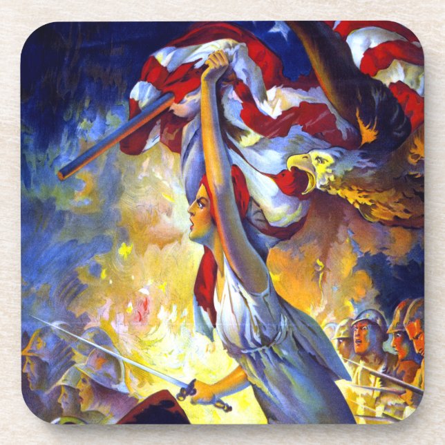 Vintage Patriotic Lady Liberty American Flag Eagle Coaster (Front)
