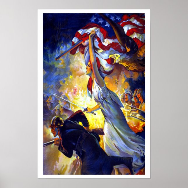 Vintage Patriotic Lady Liberty American Flag Eagle Poster (Front)