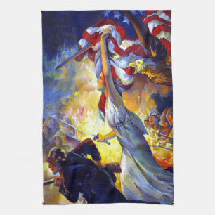 Vintage Patriotic Lady Liberty American Flag Eagle Tea Towel