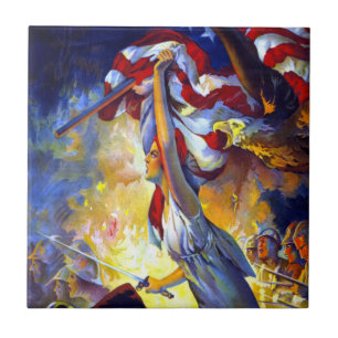 Vintage Patriotic Lady Liberty American Flag Eagle Tile