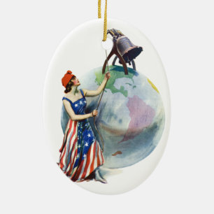Vintage Patriotic Lady Liberty Magazine Cover Art Ceramic Tree Decoration