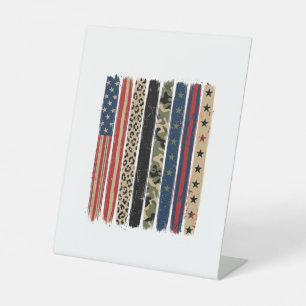 Vintage Patriotic Leopard Camo Stripe Shirt Design Pedestal Sign