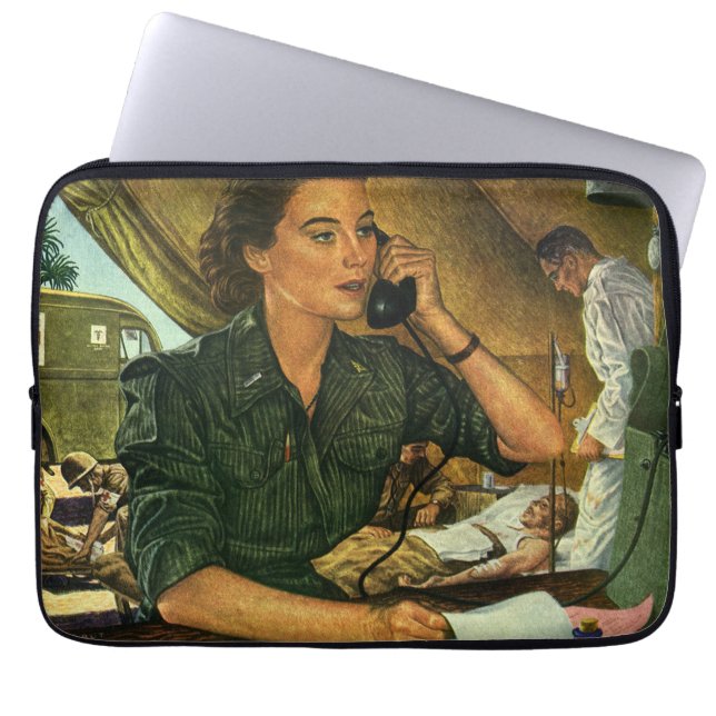 Vintage Patriotic, Medical Nurse on Phone Laptop Sleeve (Front)