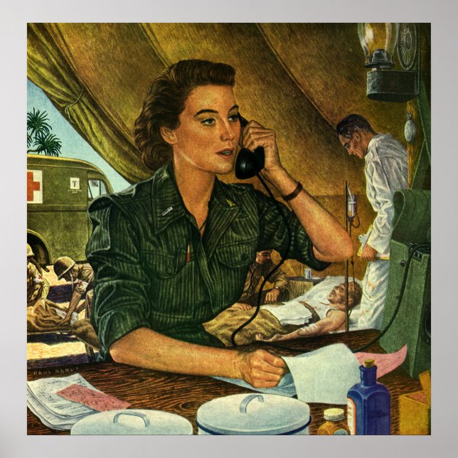 Vintage Patriotic, Medical Nurse on Phone Poster (Front)