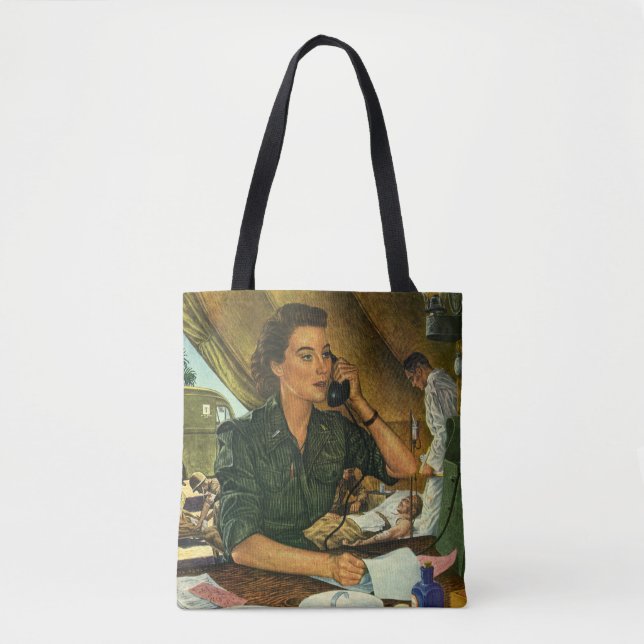 Vintage Patriotic, Medical Nurse on Phone Tote Bag (Front)