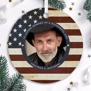 Vintage Patriotic Memorial American Flag Photo Metal Tree Decoration