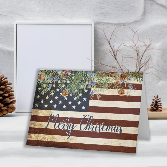 Vintage Patriotic Merry Christmas American Flag Holiday Card (Creator Uploaded)