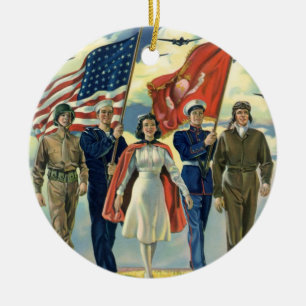 Vintage Patriotic, Proud Military Personnel Heros Ceramic Tree Decoration