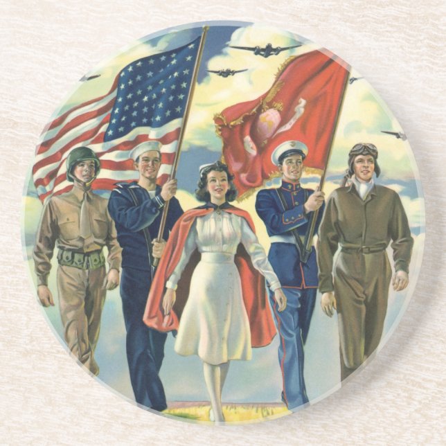 Vintage Patriotic, Proud Military Personnel Heros Coaster (Front)