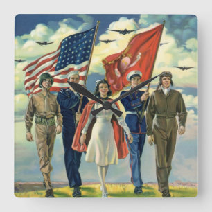 Vintage Patriotic, Proud Military Personnel Heros Square Wall Clock