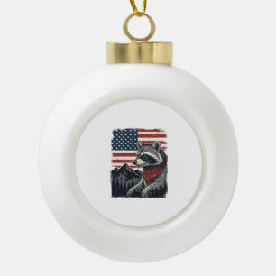 Vintage Patriotic Racoon Mountain Flag Shirt Desi Ceramic Ball Christmas Ornament