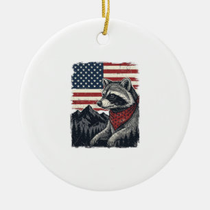 Vintage Patriotic Racoon Mountain Flag Shirt Desi Ceramic Tree Decoration