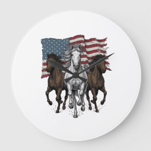Vintage Patriotic Running Horses Vector Design_1 Large Clock