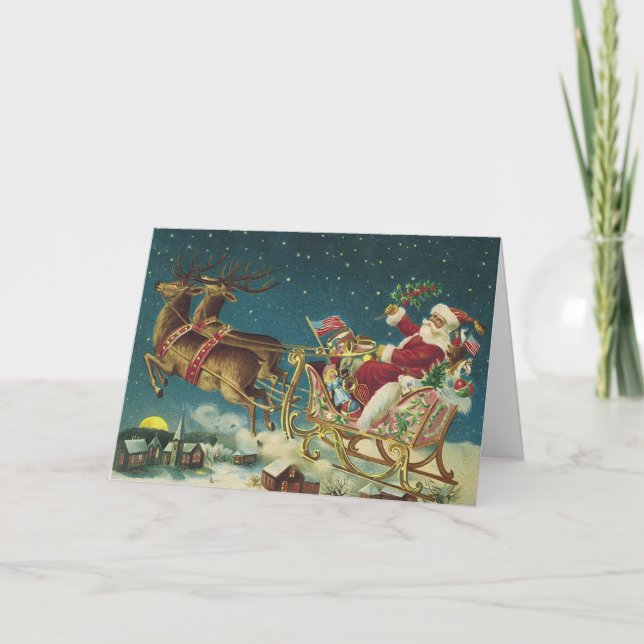 Vintage Patriotic Santa and Sleigh Christmas Holiday Card (Front)