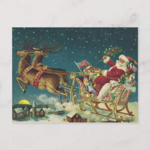 Vintage Patriotic Santa and Sleigh Christmas Postcard