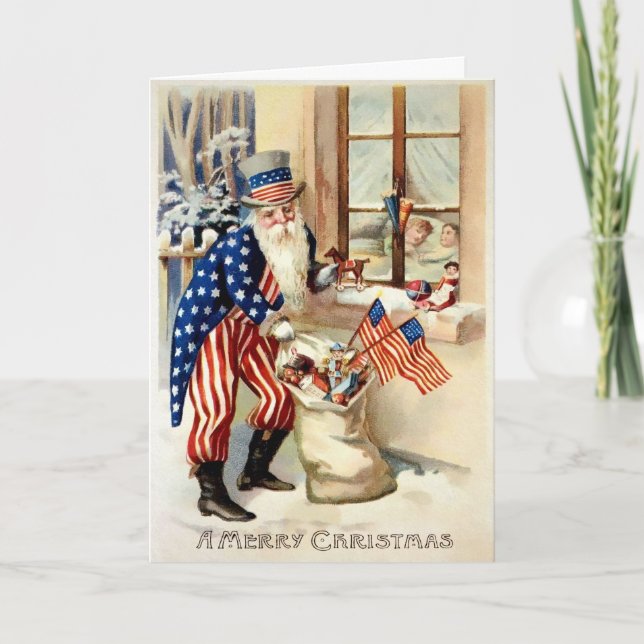 Vintage Patriotic Santa Christmas Card (Front)